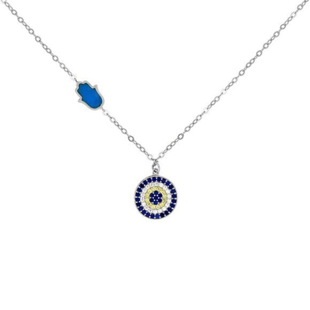 Sterling Silver Cubic Zirconia Evil Eye Necklace Hamsah Accent, 18 inches long